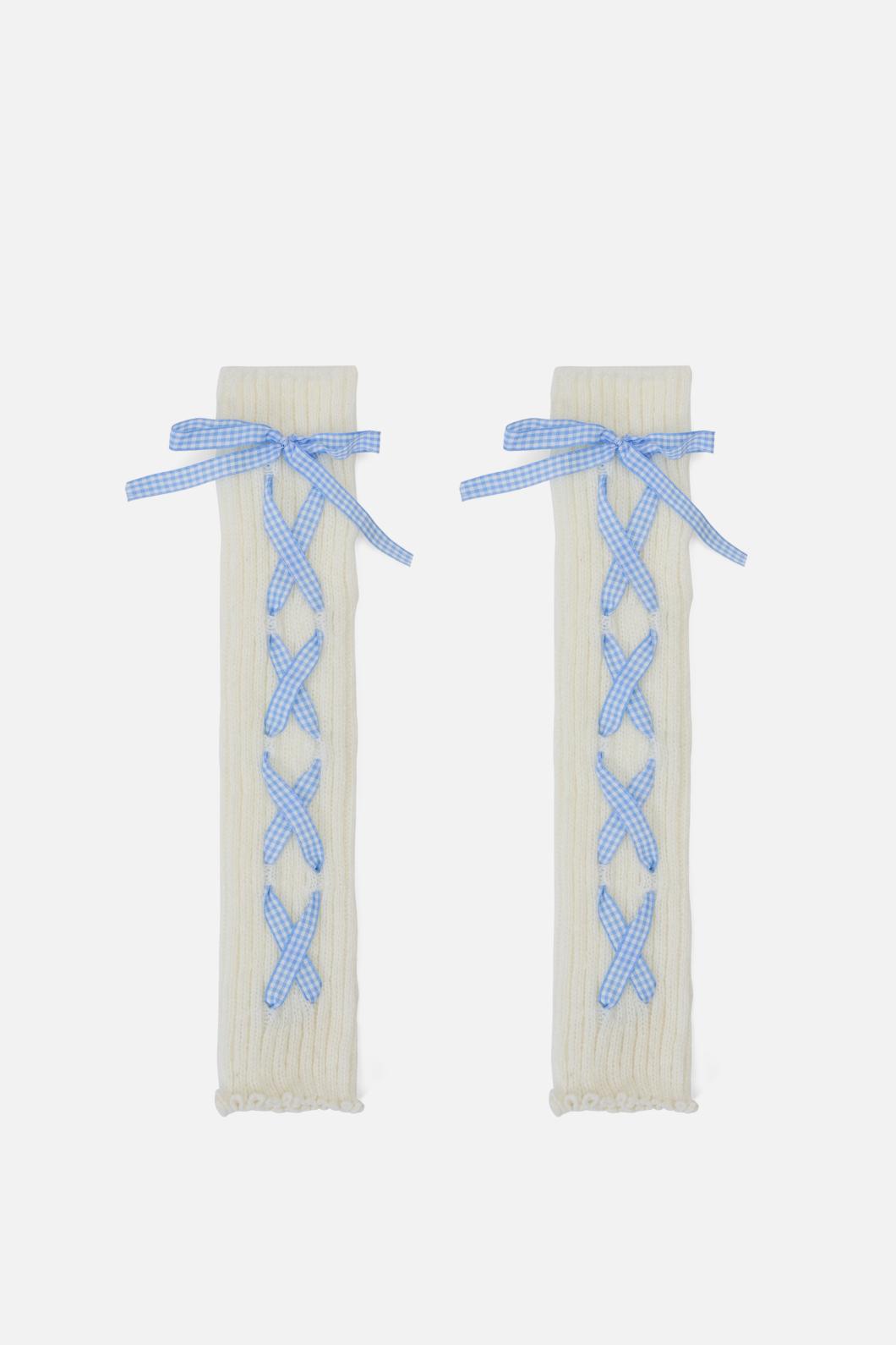 Stylish White and Blue Lace - Up Stretch Leg Warmers with Gingham Ribbon