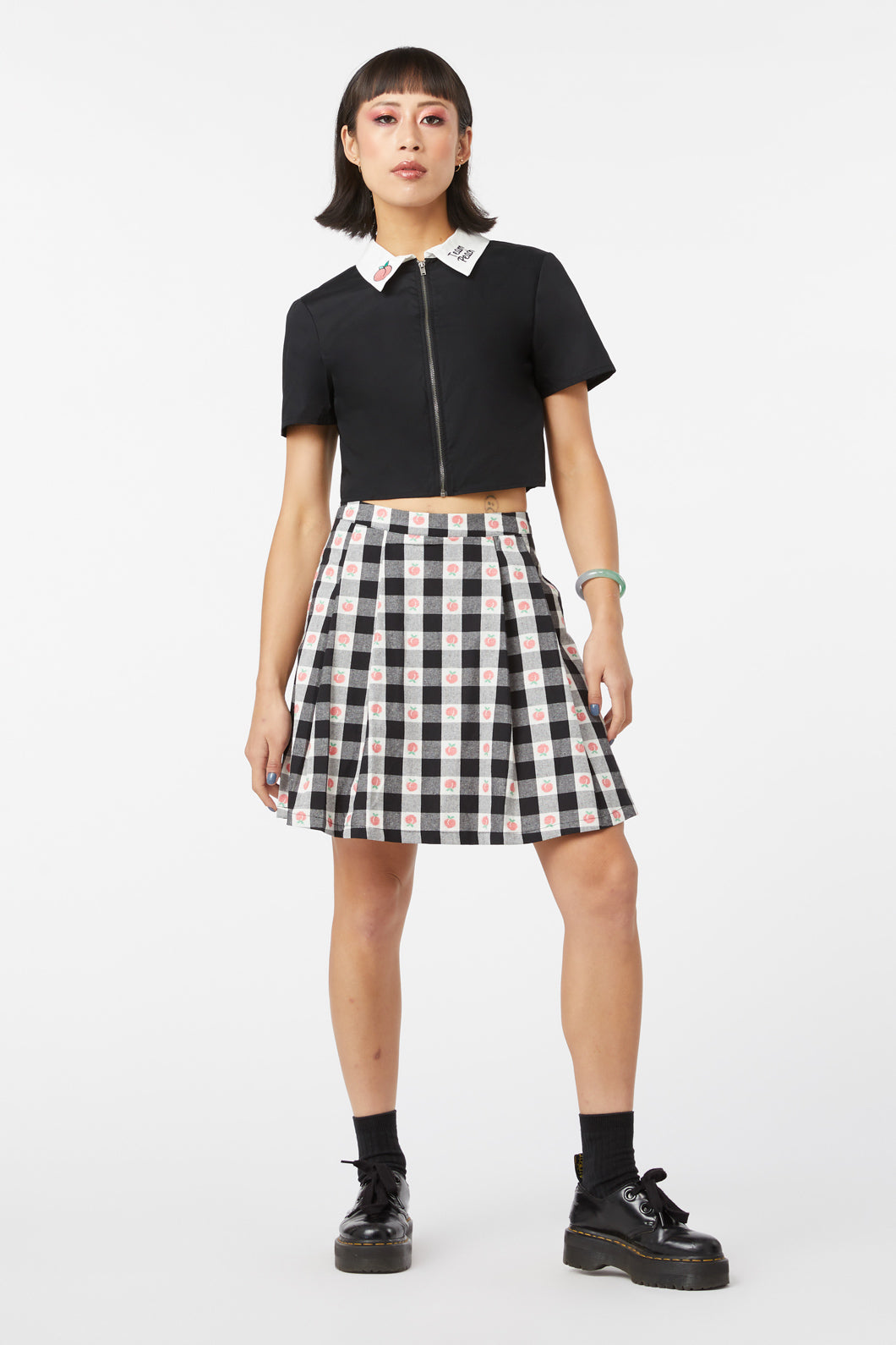 Organic Peach Gingham Flared Mini Skirt with In - Seam Pockets