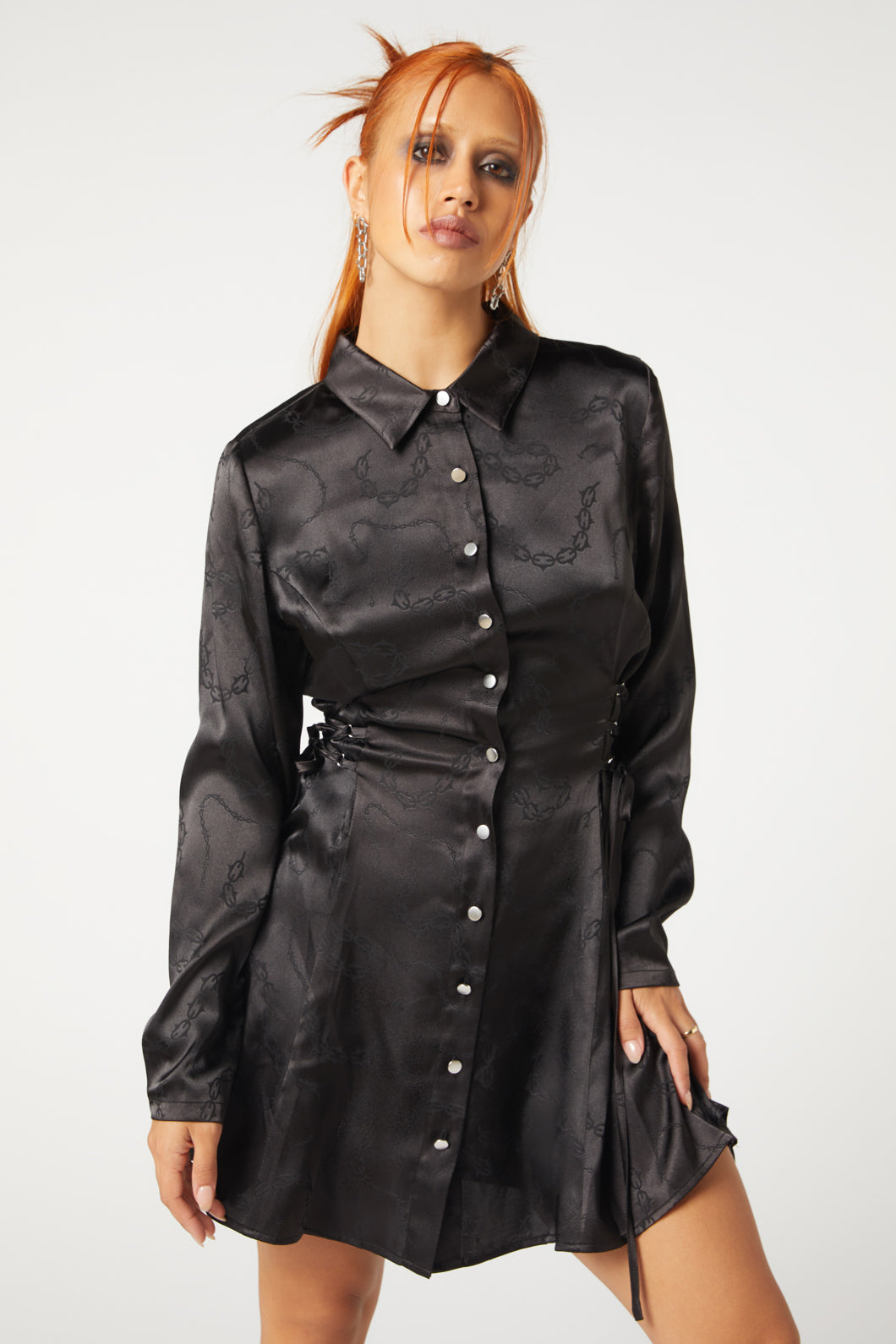 Olive & Black Long - Sleeved Satin Dress with Chains Pattern