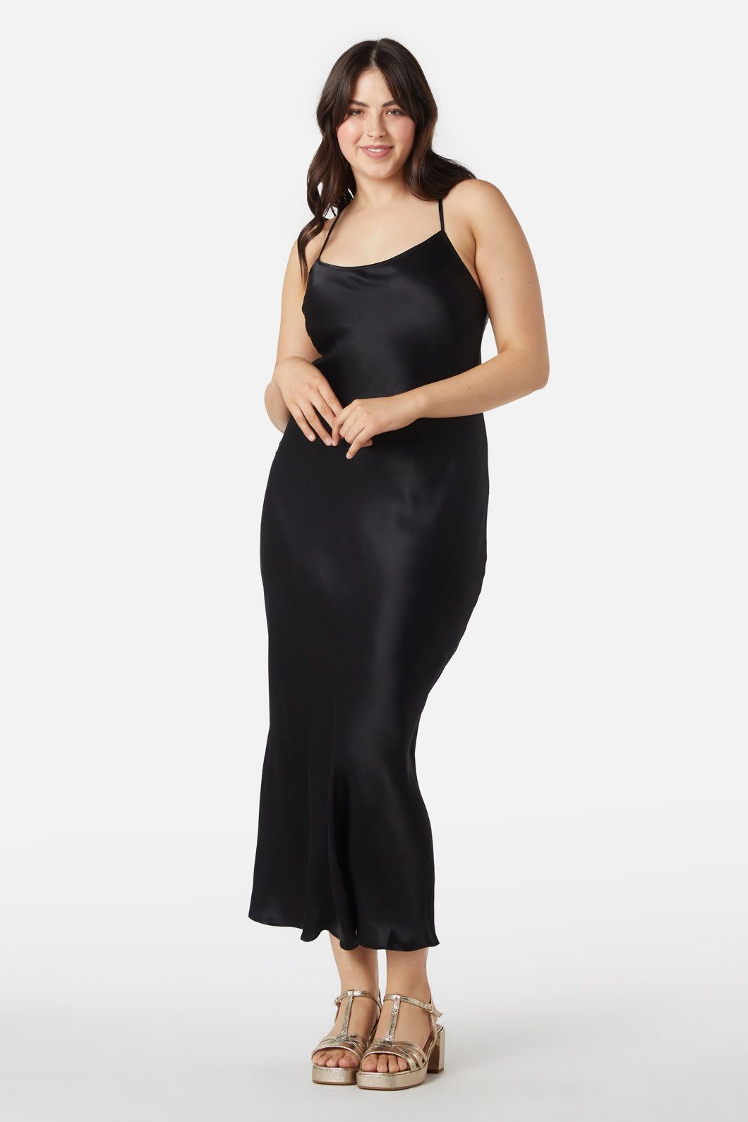 Silky Viscose Adjustable Hannah Midi Slip Dress in Blue & Black
