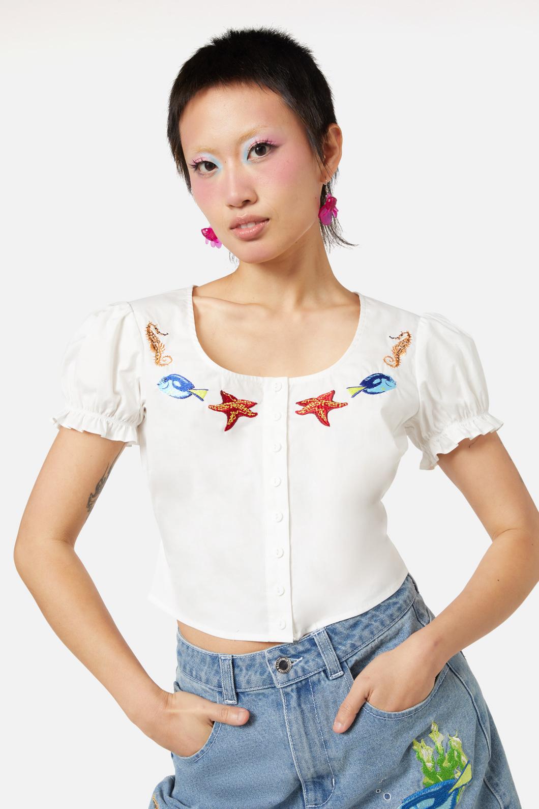 Fish Are Friends Cotton Placement Embroidery Women's Top