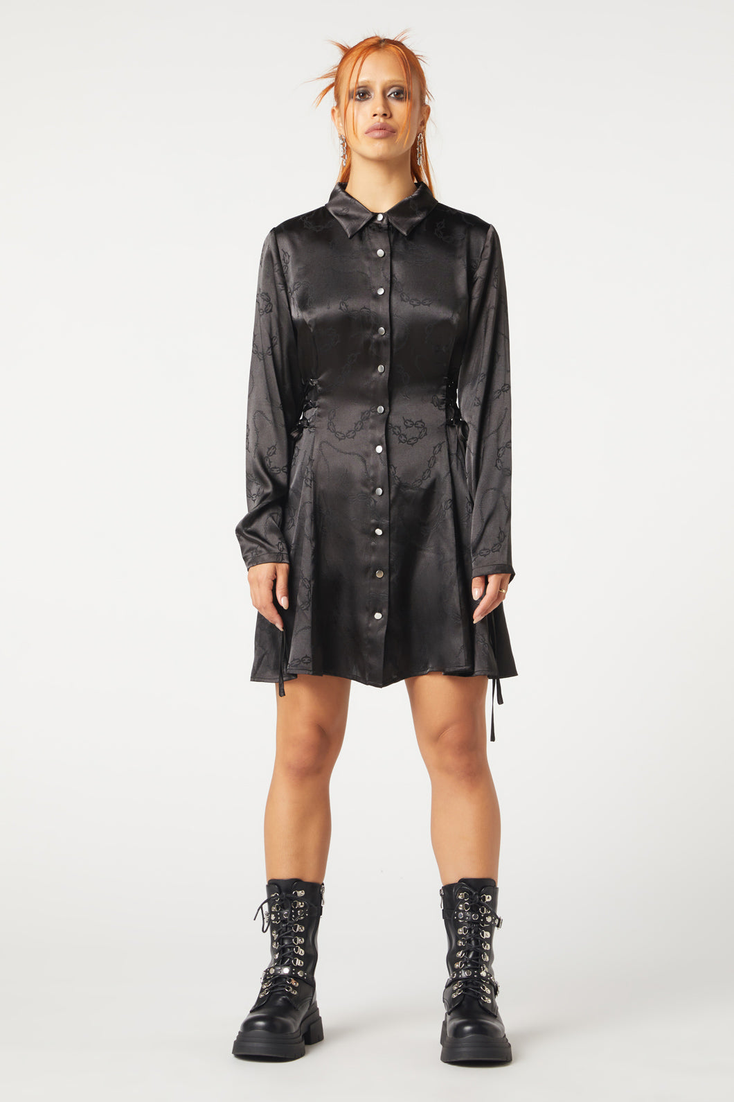 Olive & Black Long - Sleeved Satin Dress with Chains Pattern