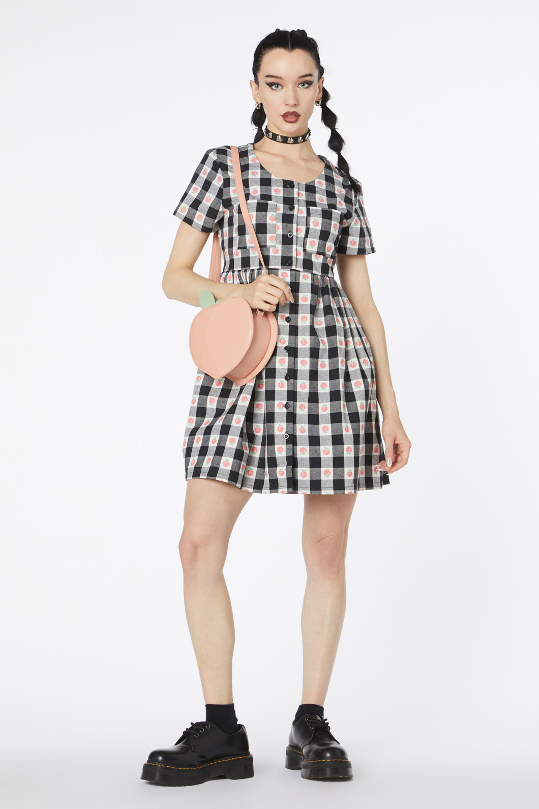 Women's Organic Peach Gingham Smock Style Dress with Chest Pocket