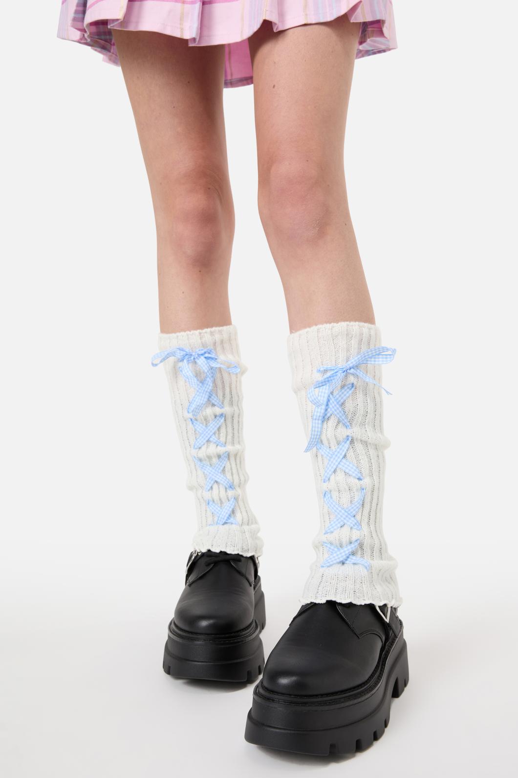 Stylish White and Blue Lace - Up Stretch Leg Warmers with Gingham Ribbon