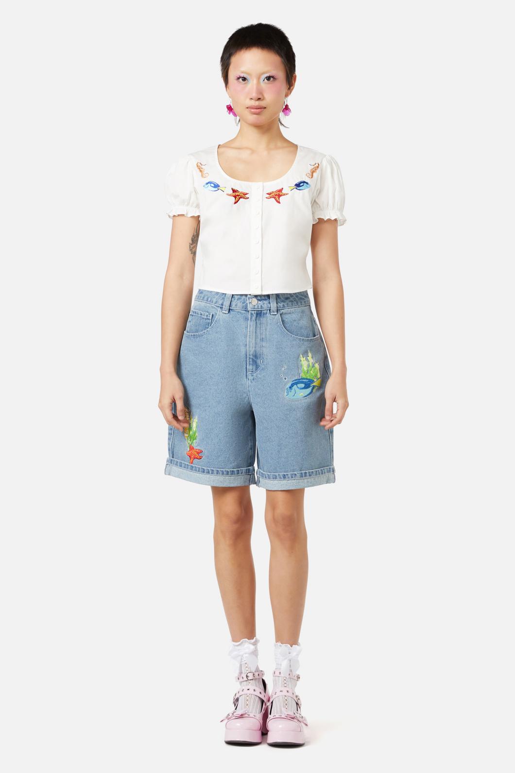 Fish Are Friends Cotton Placement Embroidery Women's Top