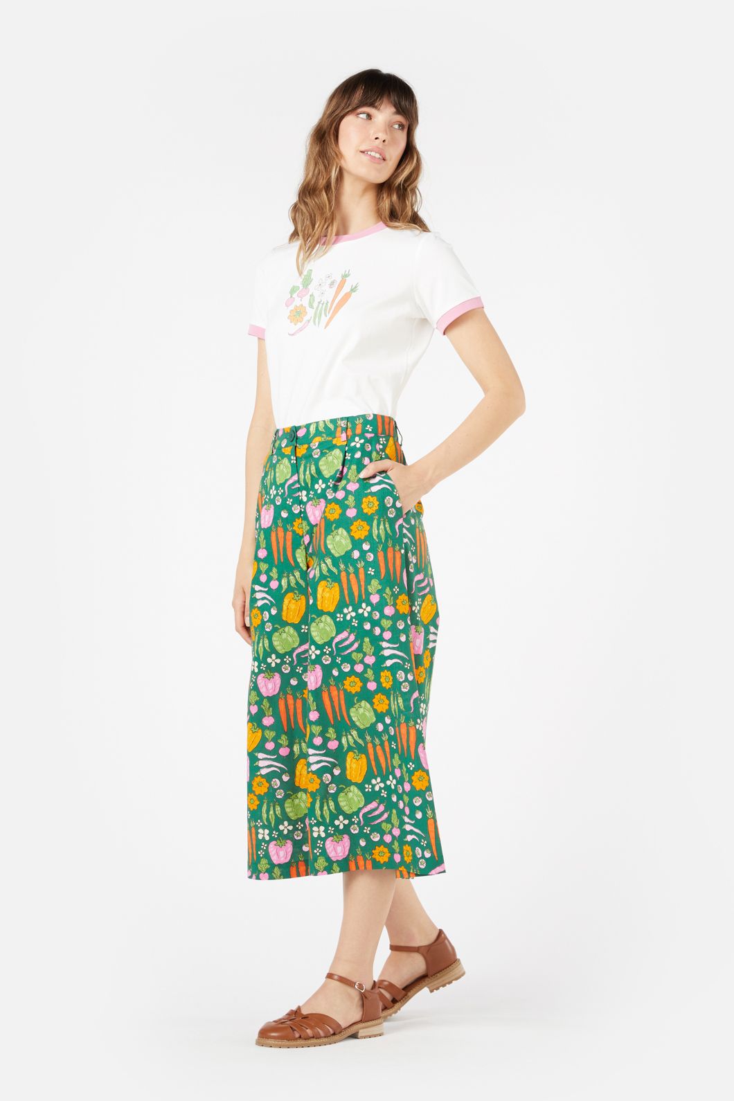 High - Waisted Green Cotton Veggie Patch Print Skort for Garden and Market Days