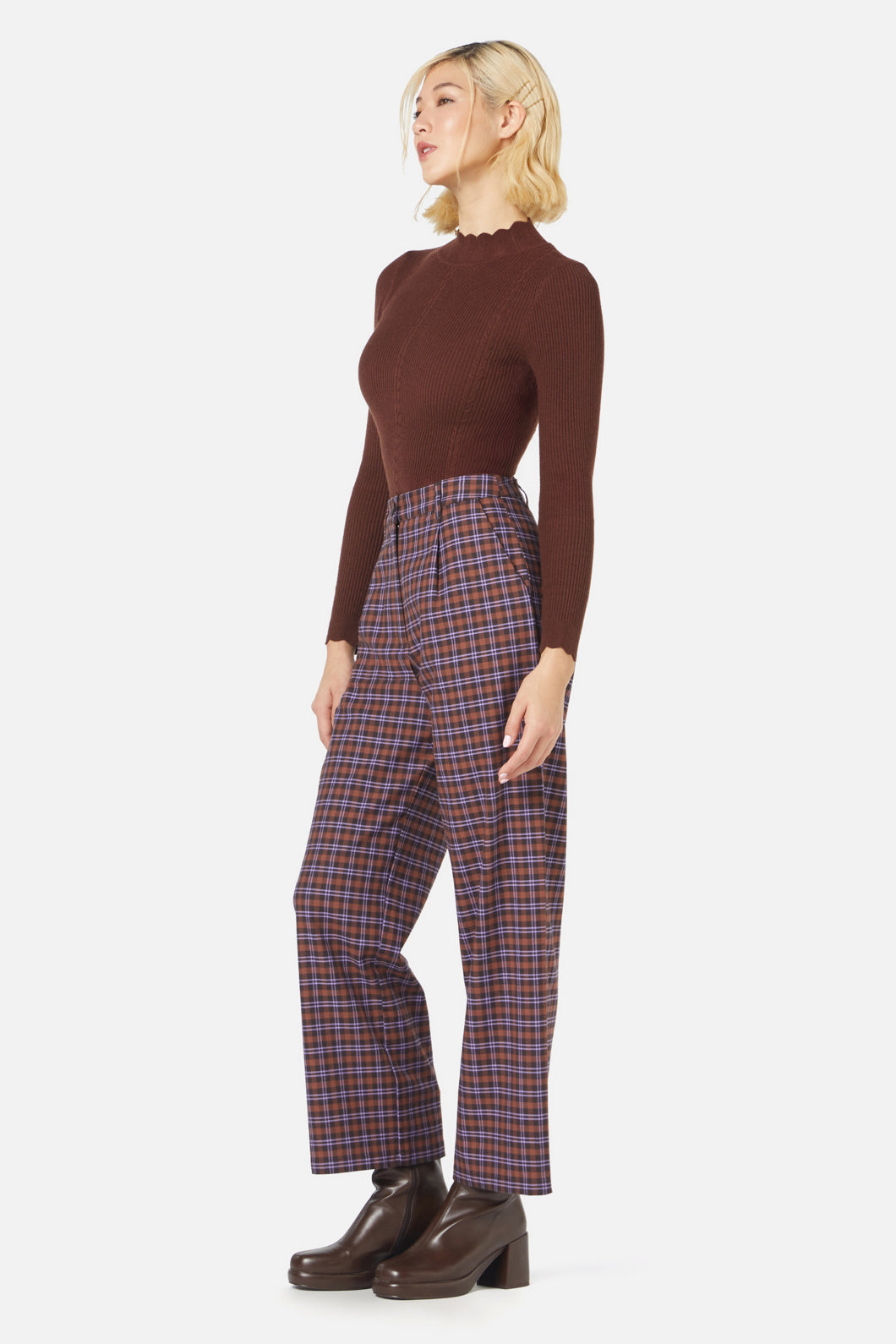 High-Waisted Straight-Leg Chocolate Frances Checked Pants