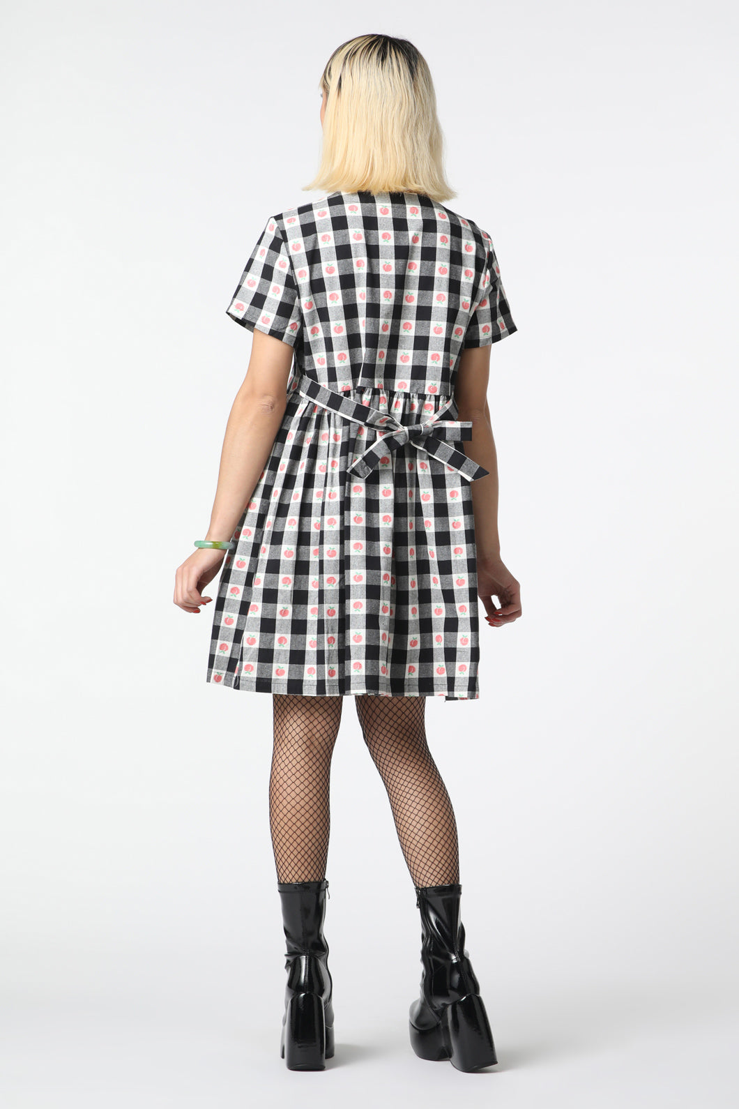 Women's Organic Peach Gingham Smock Style Dress with Chest Pocket
