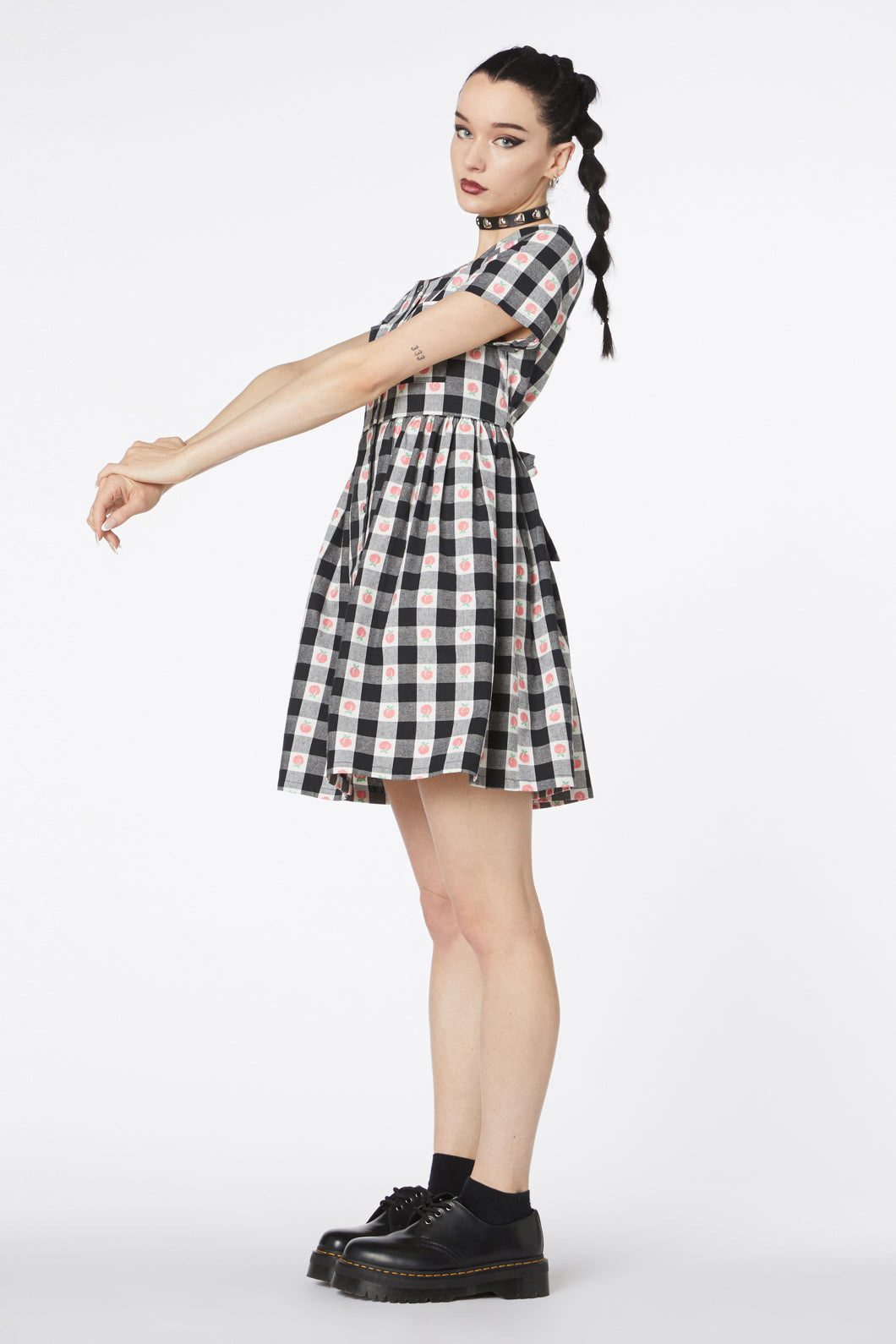 Women's Organic Peach Gingham Smock Style Dress with Chest Pocket