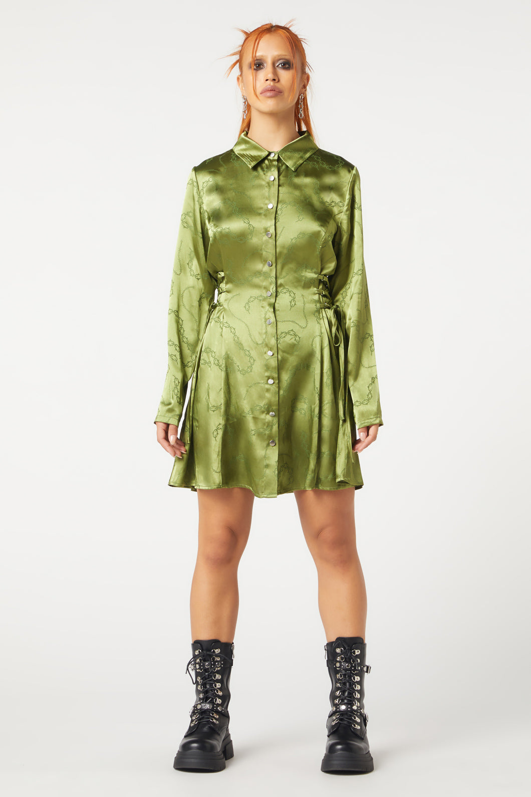 Olive & Black Long - Sleeved Satin Dress with Chains Pattern
