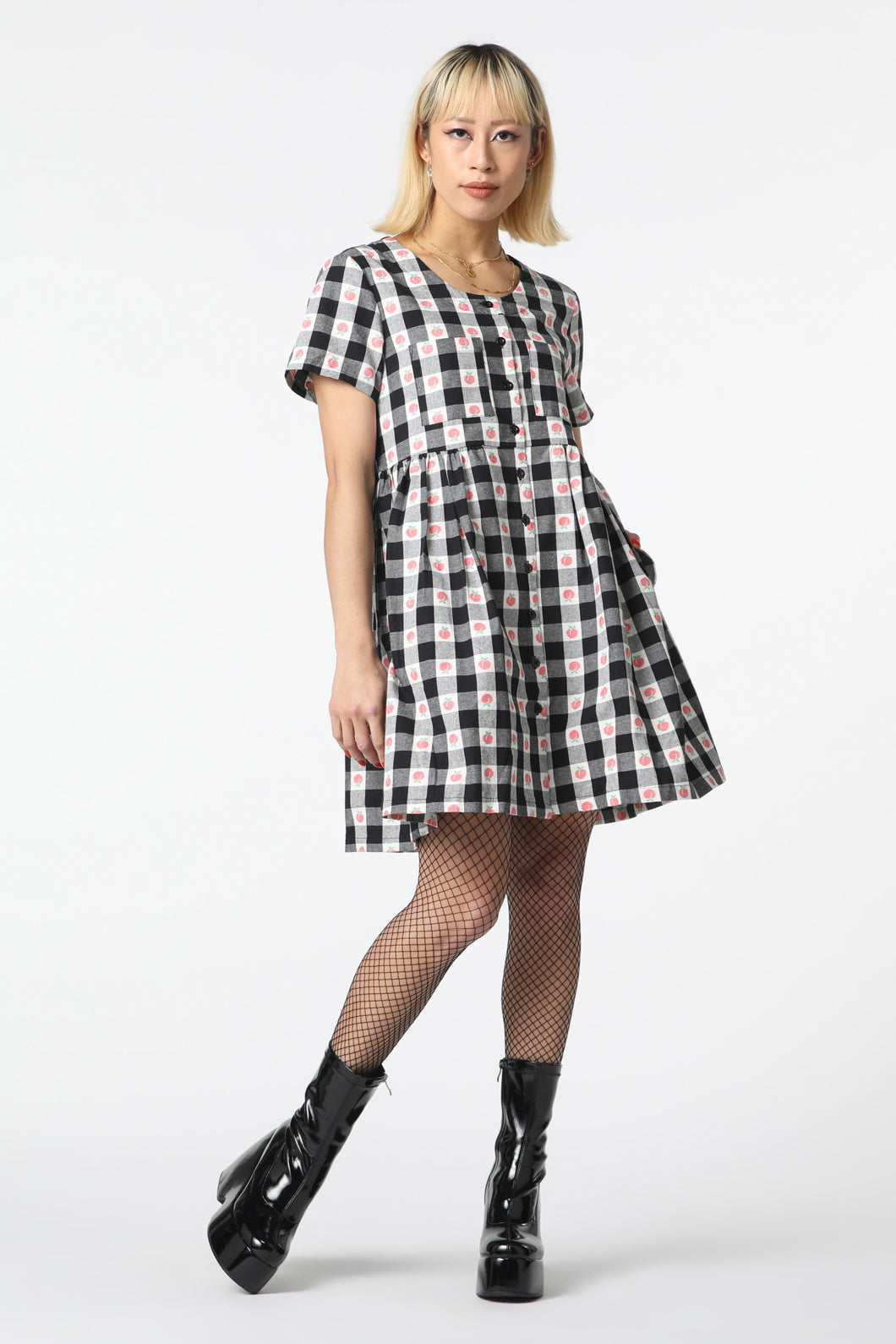 Women's Organic Peach Gingham Smock Style Dress with Chest Pocket