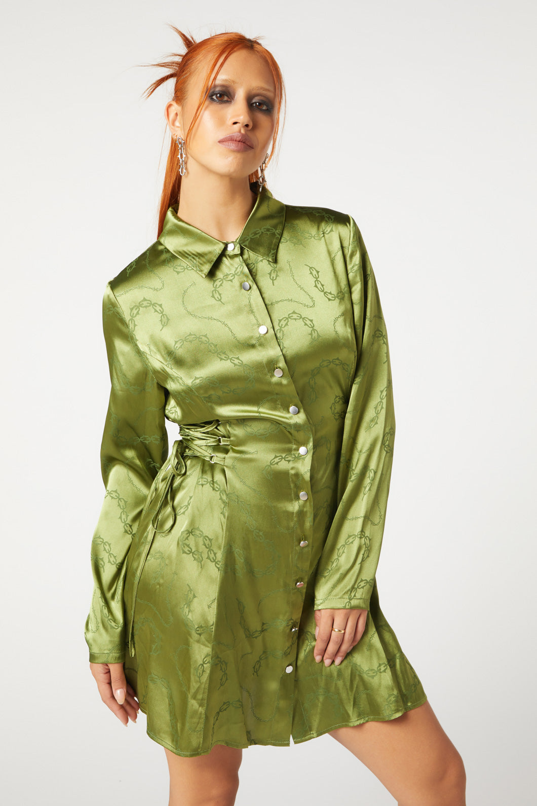 Olive & Black Long - Sleeved Satin Dress with Chains Pattern