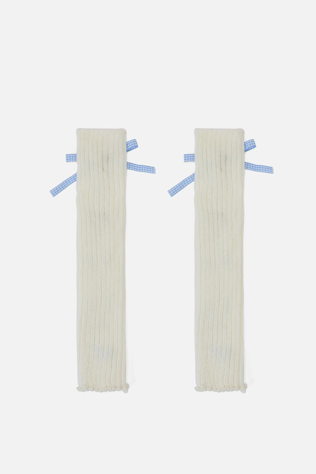 Stylish White and Blue Lace - Up Stretch Leg Warmers with Gingham Ribbon