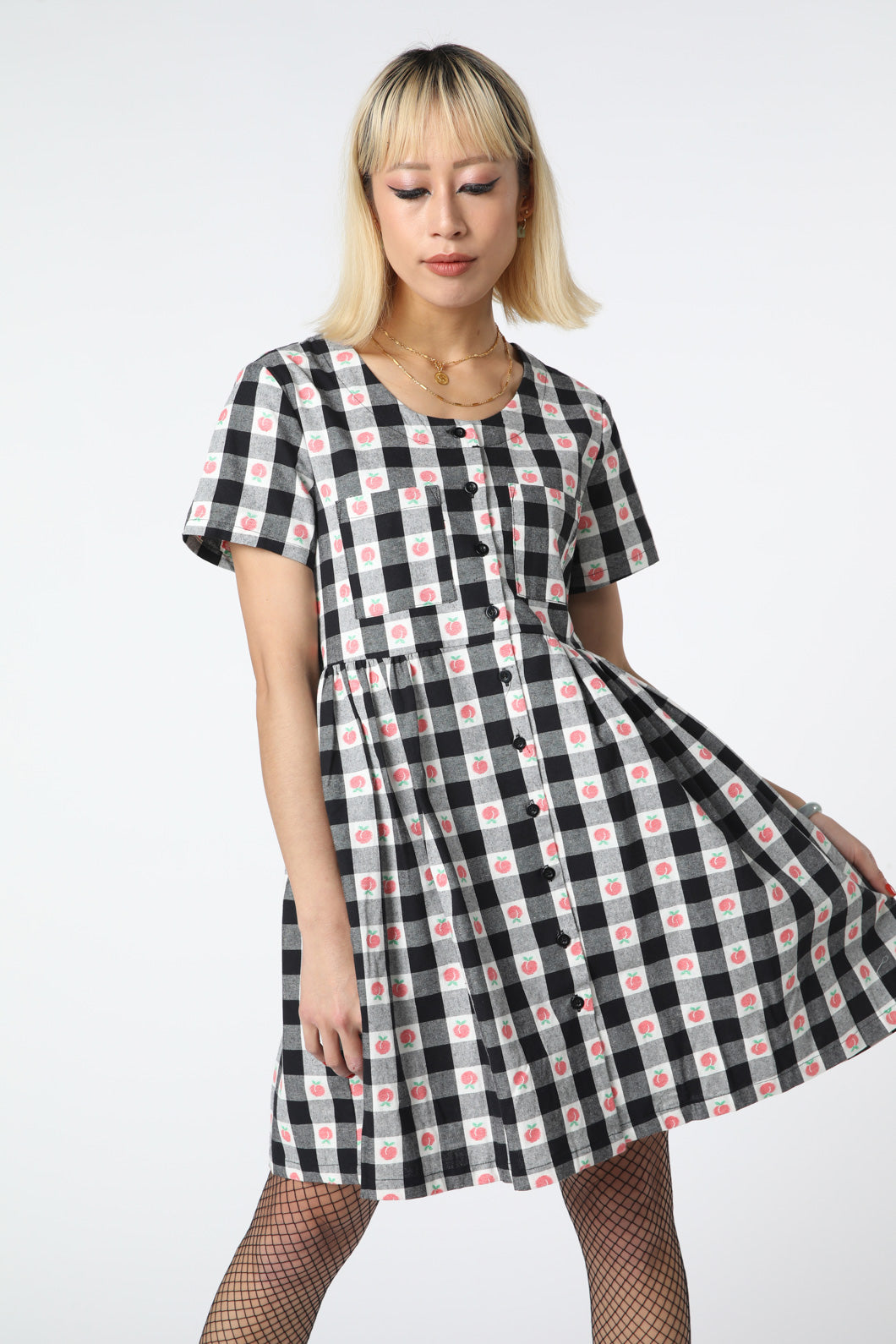 Women's Organic Peach Gingham Smock Style Dress with Chest Pocket